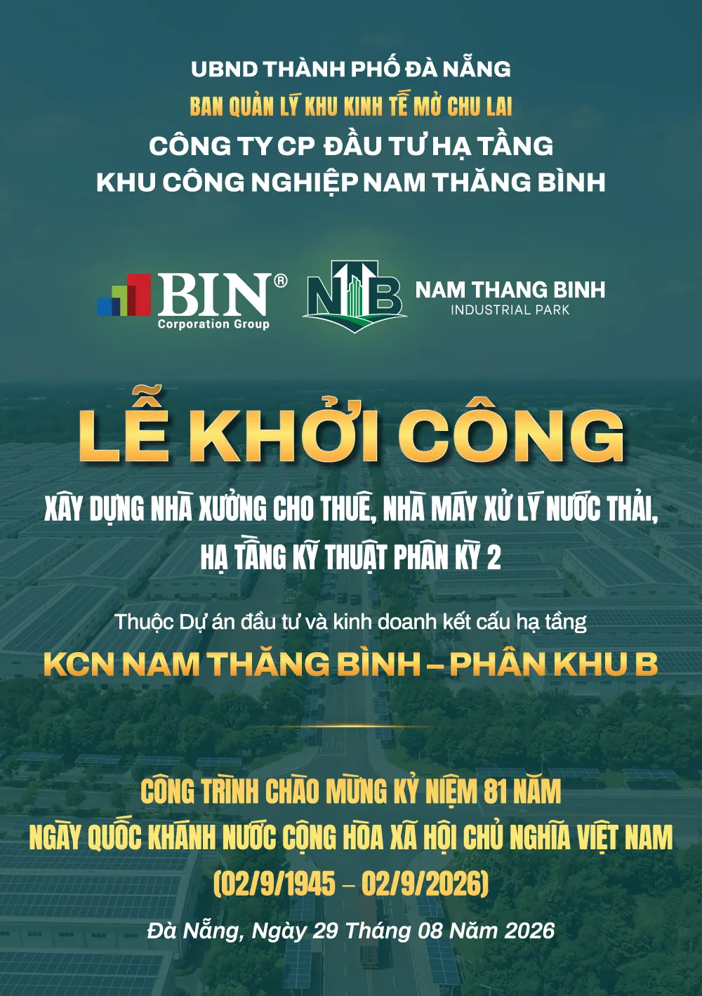 Lễ khởi công xây dựng nhà xưởng cho thuê, nhà máy xử lý nước thải và hạ tầng kỹ thuật phân kỳ 2 tại Phân khu B - Khu Công nghiệp Nam Thăng Bình Lễ khởi công xây dựng nhà xưởng cho thuê, nhà máy xử lý nước thải và hạ tầng kỹ thuật phân kỳ 2 tại Phân khu B - Khu Công nghiệp Nam Thăng Bình